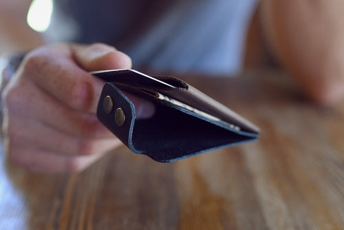 Men's Leather Card Wallet – Slim Bifold with Brass Button Closure